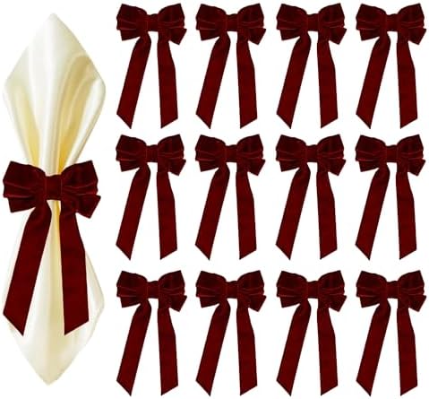 Meseey 12 Pcs Burgundy Velvet Bow Napkin Rings, 4x7 Inch Elegant Bow with 1.6 Inch Napkin Holder, Decorative for Wedding Christmas Thanksgiving Dinner Party Table Setting by MeseeyRibbonBow