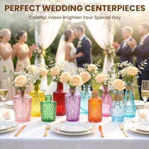 10Pcs Colored Glass Bud Vase Set,Embossed Mini Small Vintage Flower Vases - Image 5