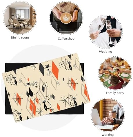 Mid Century Placemats 12x18 Inches, 1950s Vintage Fun Black Cat Starburst Atomic Modern Pattern, Kitchen Dining Decor Set of 6 - Image 6
