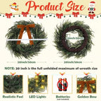 2 Pcs LED Christmas Norfolk Pine Wreath, Gold Bow, Classic - Image 2