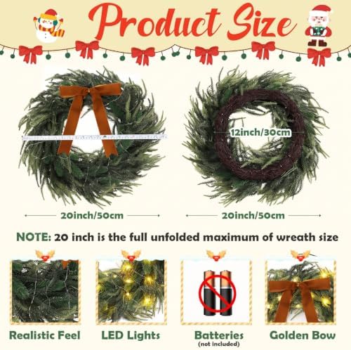 2 Pcs LED Christmas Norfolk Pine Wreath, Gold Bow, Classic - Image 2
