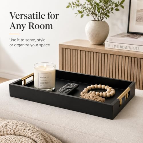 Luxury Black Ottoman Tray with Gold Handles – 12x17 Large Decorative Serving Tray for Coffee Table, Couch, Breakfast in Bed & Home Décor – Modern Wood Display Tray - Image 4
