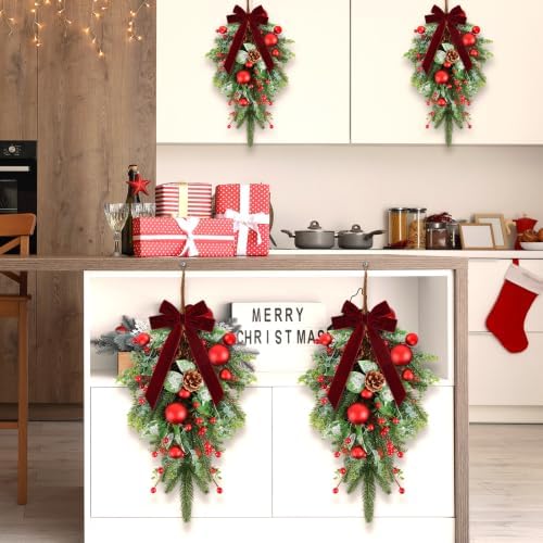 24" Christmas Wreaths for Front Door 2 PCS Christmas Teardrop Swag Winter Wreath with Red Ball Red Berry Pine Needles for Indoor Outdoor Farmhouse Home Wall Window Festival Wedding Decor - Image 5