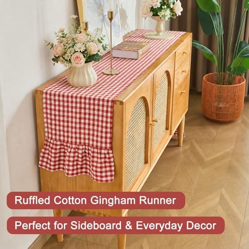 Red Gingham Plaid Ruffle Table Runner 90 Inches Long, 100% Washed Cotton Double Layer Farmhouse Dining Decor for Holiday, Home Party Wedding, 13 x 90 inches - Image 6