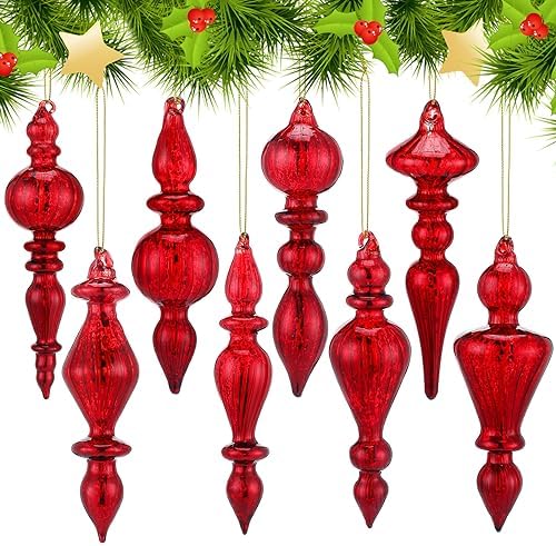Mifoci 8 Pcs 6 Inch Mercury Glass Finial Christmas Ornaments,Red by Mifoci