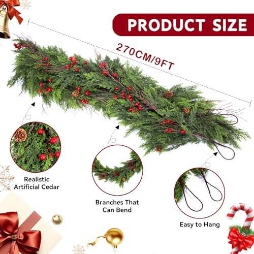 ENVEN Faux Cedar Christmas Garland with Red Berries & Pine Cones – Full Faux Winter Greenery for Holiday Mantel, Staircase, Doorway, Indoor Outdoor Christmas Décor (9FT) - Image 7