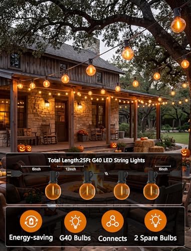 Halloween Orange String Lights, 25Ft G40 Outdoor Halloween Decorations Lights with 27 LED Shatterproof Orange Globe Bulbs, Hanging Patio Lights for Christmas Backyard Holiday Fall Party Garden Decor - Image 2
