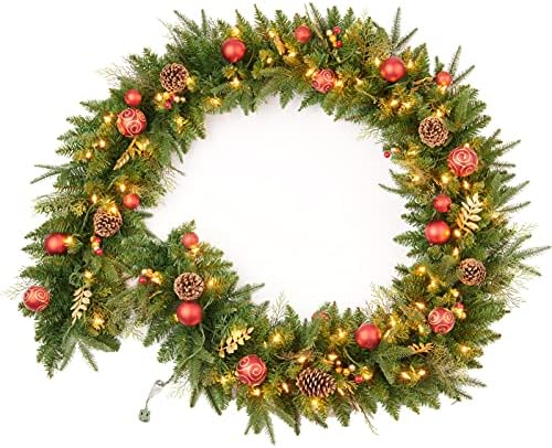 9FT Red Gold Christmas Garland Prelit with 70 Lights Plug in,Decor for Fireplace Stairs Mantle Door Indoor Outdoor by AmerzestXmastree