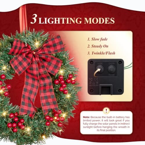 VINGLI 14 Inch Solar Christmas Wreath 3 Pack with 60 LED Lights, Red Bow - Image 3