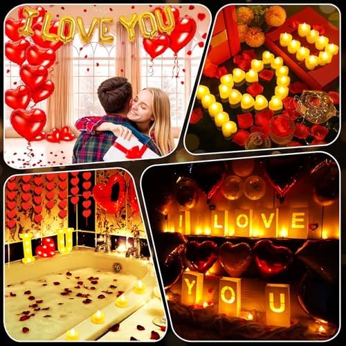6000+PCS Rose Petals and Candles Set for Romantic Decorations Special Night - I Love You Letters Balloon and 8 Luminary Bags 6000 Rose Petals 48 Heart Candles for Anniversary Valentines Day Proposal - Image 6