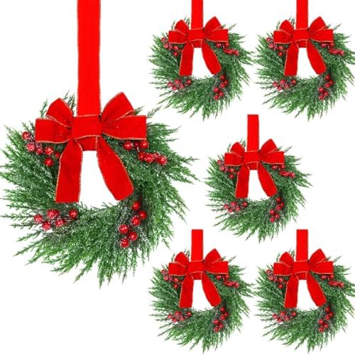 YoleShy 6 Pcs Small Christmas Wreath 12'' Mini Wreaths for Kitchen Cabinet Wreaths with Berry & Red Velvet Bow Ribbon Window Wreath Christmas Xmas Farmhouse Decoration for Front Door Chair Wall by YoleShy
