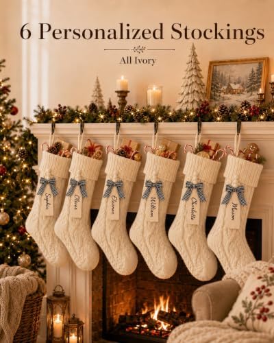 houscly 18 Inch Personalized Knit Christmas Stockings, 6 Pack All Ivory - Image 2