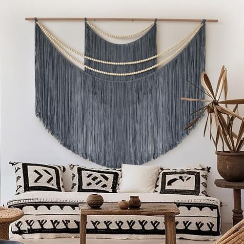 Jakalin Macrame Wall Hanging Grey Tapestry, Boho Home Decor 57" W x 46" L - Image 3