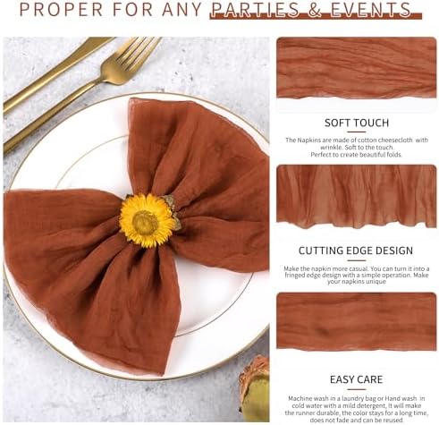 100 Pieces Cloth Napkins Terracotta Dinner Cheesecloth Napkins for Wedding,Wrinkled Cloth Napkins Bulk for Home Party Rustic Table Decoration, 17 x 17 Inch - Image 3