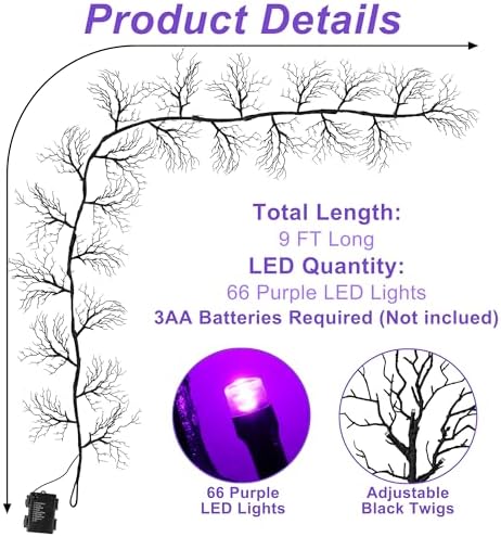 9 Ft 66 LED Willow Vine Twig Decor Black Halloween Garland with Purple Lights, Timer 8 Modes Waterproof Battery Operated Indoor Halloween Decorations for Wall Fireplace Mantle Home Office Party Decor - Image 3