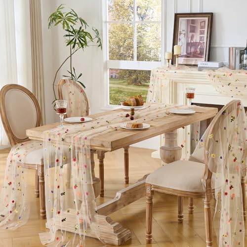 BINBE 6pcs Champagne Daisy Spring Table Runner Embroidery Gauze 10FT Florals Seasonal Tulle Holiday Birthday Kitchen Dining Table Decor for Home Party - Image 6