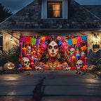 Day of the Dead Garage Door Banner 7x16 FT - Dia De Los Muertos Catrina Sugar Skull Backdrop Cover with Mexican Papel Picado Flowers Candles Decor for Double Car Garage Door Outdoor Fiesta Party - Image 3
