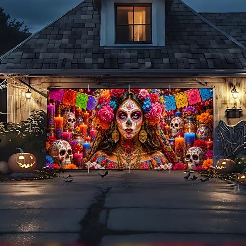 Day of the Dead Garage Door Banner 7x16 FT - Dia De Los Muertos Catrina Sugar Skull Backdrop Cover with Mexican Papel Picado Flowers Candles Decor for Double Car Garage Door Outdoor Fiesta Party - Image 3