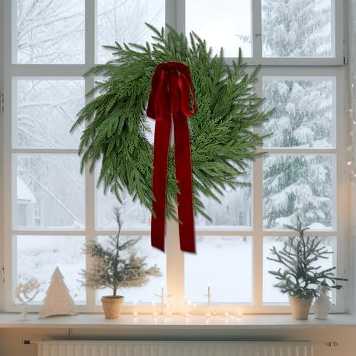 2 Pack Christmas Wreath for Front Door, Artificial Pine Cedar Holiday Wreath with Red Bow, Winter Greenery Wreath for Indoor Outdoor Home Decoration - Image 5
