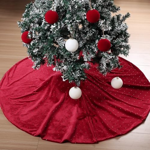 Halloscume 48" Christmas Tree Skirt Velvet Plush,Burgundy Red,Diamonds - Image 4