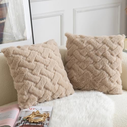 Yaertun Set of 2 Decorative Throw Pillow Covers Thick Plush Wool Throw Pillows Super Soft Luxury Faux Rabbit Fur Velvet Cushion Covers for Couch Sofa Bed Living Room 26x26 Inch Oatmeal - Image 2