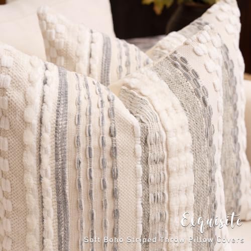 Boho Chenille Tufted Throw Pillow Covers 18x18 Inch Set of 2 Farmhouse Grey Woven Striped Decorative Pillowcases for Couch Sofa Bed - Image 5