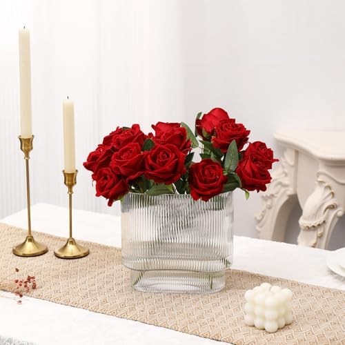 Ribbed Vase, Fluted Glass Vase for Flowers, Clear Flower Vases for Tulips, Modern Vases for Living Room, Dining Table, Office, Bedroom, Mantle, Shelf, Wedding, 7 Inch - Image 4