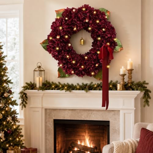 Christmas Wreath -21 Inch Burgundy Hydrangea Artificial Flower Wreath for Front Door, Christmas Wreath with Lights, Ribbon Bell for Home Table Wall Window Indoor Outdoor Christmas Decoration - Image 2