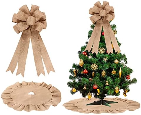 Civaner 2 Pcs Burlap Christmas Tree Topper with 39.4 Inch Ruffle Christmas Tree Skirt and 34 Inch Large Vintage Ribbon Bow Rustic Xmas Tree Ornaments for Wreath Party Holiday Farmhouse Home Decor by Civaner