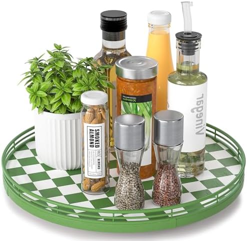 AMH 13-Inch Green and White Checkerboard Lazy Susan with Rubberwood Base by AMH