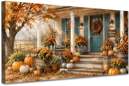 WAXWHELK Farmhouse Fall Canvas Wall Art, Pumpkin Autumn Farmhouse Porch Painting Pictures Rustic Thanksgiving Home Decor Artwork for Living Room Bedroom (16"x32") by Unknown