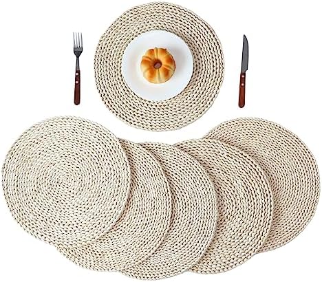 YRMT Round Woven Placemats Set of 6 Corn Husk Woven Placemat Braided Straw Water Hyacinth Place Mats for Dining Table, Wedding, Natural 13.8" in by YRMTKIHE