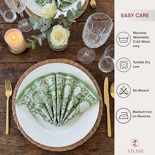 ATOSII Shalimar Green 100% Cotton Fall Cloth Designer Dinner Napkins, Handblock Print, Washable Durable Linen for Everyday Use Wedding Parties Outdoors Christmas I 20 X 20 Inches I Set of 4 - Image 6
