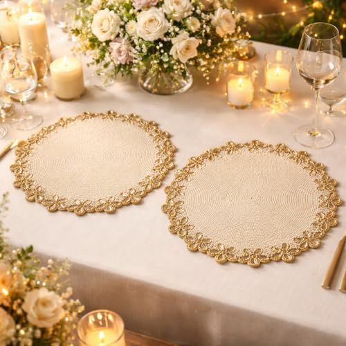 Beaded Placemats for Dining Table Ivory Gold -Set of 2 13 Inches Beaded Placemats Round for Gathering, Thanksgiving - Occasional Decoration and Family Parties Celebrations - Image 2