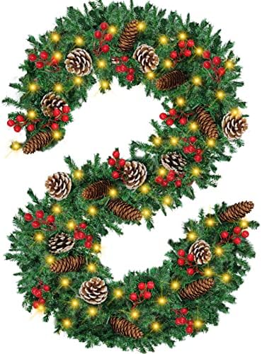 Christmas Garland, 12FT Prelit Christmas Garland with 100 LED Lights, Greenery Xmas Garland with 20 Pine Cones 90 Red Berry Christmas Decoration for Indoor Outdoor Home Mantel Fireplace by Mduvoz