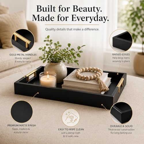 Luxury Black Ottoman Tray with Gold Handles – 12x17 Large Decorative Serving Tray for Coffee Table, Couch, Breakfast in Bed & Home Décor – Modern Wood Display Tray - Image 6