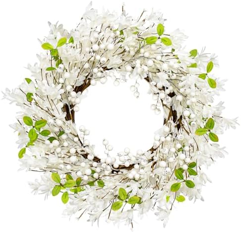 LLZLL White Wreath 20 Inch Winter Wreaths for Front Door Artificial Forsythia Wreath with White Berries for Winter Christmas Farmhouse Indoor Outdoor Porch Wall Window Decor - Image 6