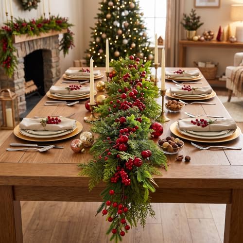 6FT Norfolk Pine Christmas Garland with Red Berries, Realistic Artificial Cedar for Holiday Mantel, Table, Fireplace, Indoor Porch Xmas Decor - Image 5