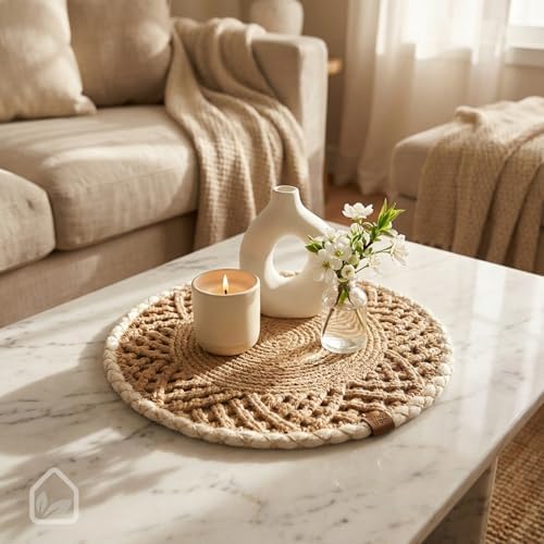 Round Woven Placemats Set of 4, Braided Natural Table Mats for Dining Table Decor, Waterproof, Handmade, Easy to Clean, Perfect Fall Placemats for Thanksgiving, Christmas & Everyday Use 14.2IN - Image 6