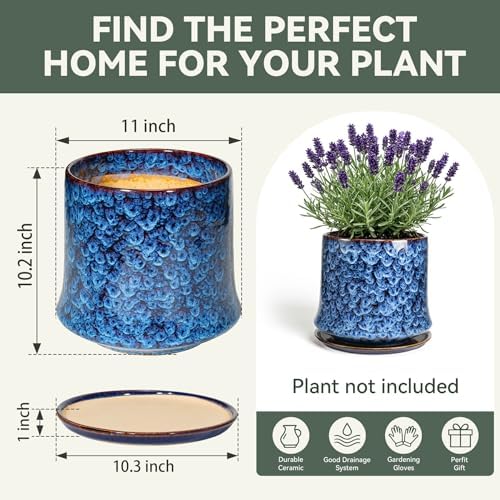 11 Inch Ceramic Planter Pot with Saucer Drainage Leak-Proof Mesh,Flower Pots for Lavender with Gardening Gloves,Ceramic Planter for Orchid(Peacock-Blue) - Image 6