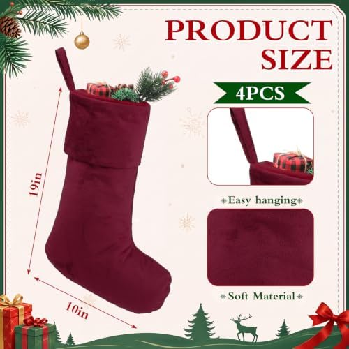 4 Pcs Burgundy Christmas Velvet Stocking 19 Inch Xmas Hanging Stocking - Image 2
