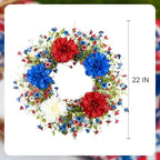 VioletEverGarden 22 Inch 4th of July Wreaths for Front Door Artificial Patriotic Wreath Red White and Blue Wreath with Dahlia for Independence Day Memorial Day Flag Day Decor - Image 6