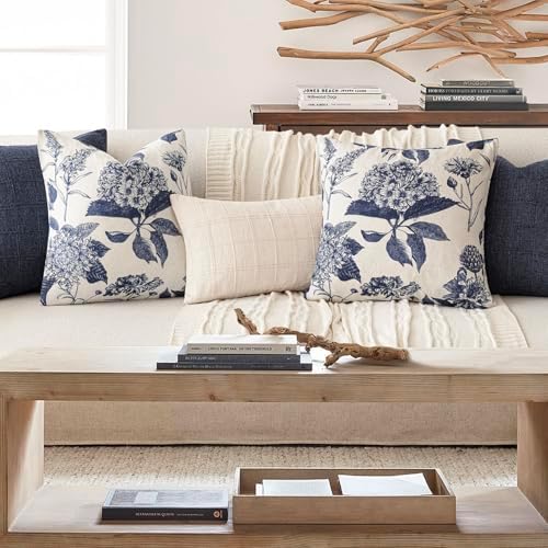 Foindtower Set of 2 Linen Floral Vintage Throw Pillow Covers Neutral Accent Print Decorative Cozy Cushion Covers Farmhouse Boho Home Decor for Sofa Chair Couch Bed Living Room,20×20 Inch,Navy Blue - Image 6