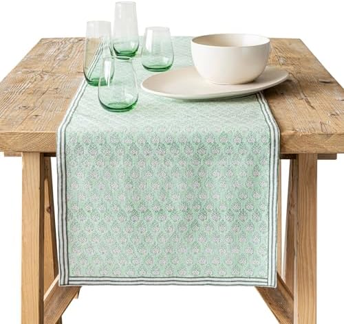 Over&Back 18x108 Hand-Blocked Printed Cotton Table Runner - Washable Table Runners for a Custom Home Decor Tablescape - Perfect for Coffee Table, Dinner Table, Living Room, and More - Green Leaf by overback