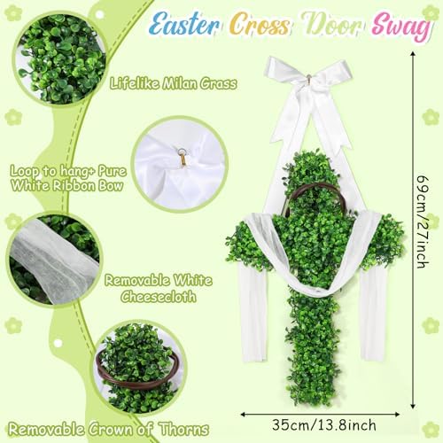 Zeyune Large He is Risen Cross Wreath Green Faux Plant Wooden Design Foldable Easter Door Wreath Decoration for Front Door Christian Faith Hanging for Spring Home Porch Farmhouse - Image 4