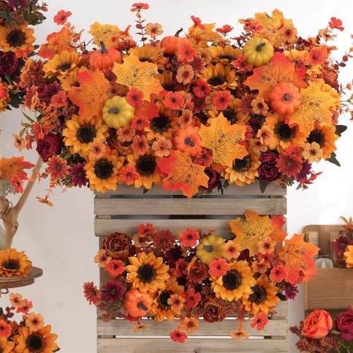 Mixed 12 Pcs Fall Artificial Flowers, Sunflower Peony Bouquet with Maple Leaves Pumpkins, Autumn Faux Floral Arrangements for Table,Thanksgiving, Halloween, Porch Planters, Garden Patio Outdoors Decor - Image 6