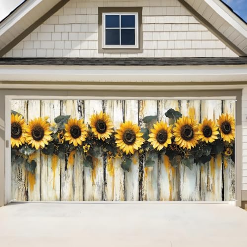 ANNA QUEEN Sunflower Garland Garage Door Banner 6 x 13FT, Rustic Sunflowers with Wooden Fence, Outdoor Spring and Summer Decoration for Garden Parties Home Decor by ANNAQUEEN