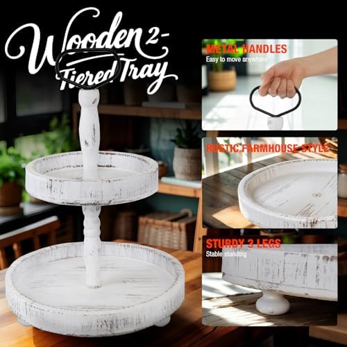 2 Tiered Tray Rustic Farmhouse Decorative Tray Stand Wooden Round Serving Trays for Coffee Food Home Table Decor Holiday Display Vintage Christmas Decors - Image 4