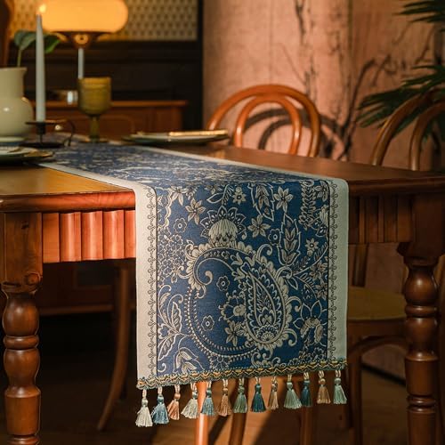 Spring Floral Table Runner 83in Long - Nordic Tail Blue Embroidery Jacquard with Tassels, Elegant Easter & Mother's Day Decor for Farmhouse Dining Table, Wedding & Dresser (Tail Blue, 13.7"x83") by Unknown