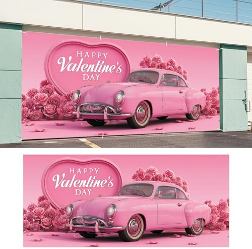 Valentine’s Day Garage Door Banner 6x13FT, Pink Vintage Car and Rose Heart Garage Door Cover, Romantic Outdoor Decoration for Garage Doors, Yard & Love Theme Party Backdrop - Image 6